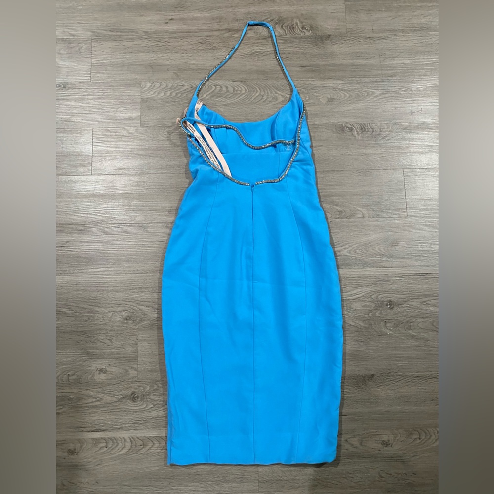 Oh Polly Bodycon Dress Embellished Periwinkle Blue Halter Slit - Picture 5 of 6